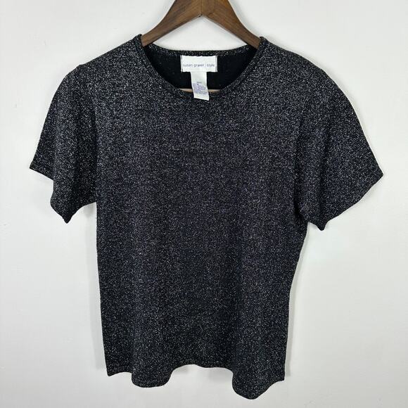 Susan‎ Graver Short Sleeve Top Women M Black Metallic Knit Sparkle Party Retro - Picture 1 of 6
